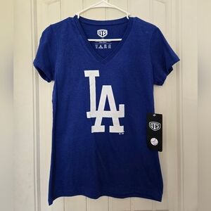 Womens Los Angeles Dodgers Royal Blue V-Neck Tee with White LA Logo